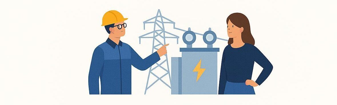 En mann med gul hjelm snakker med en kvinne om strøm